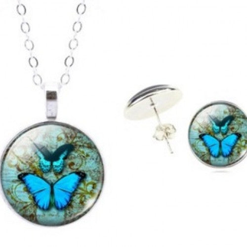 Butterfly Art Picture Glass Pendant Chain Necklace For Women